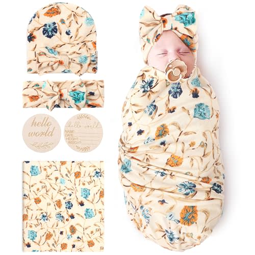 DRESHOW BQUBO Baby Girl Newborn Floral Receiving Blankets with Bow Hat Headband Wooden Birth Announcement Card Set Newborn Baby Swaddling Hats Sleepsack Toddler Warm Shower Gift