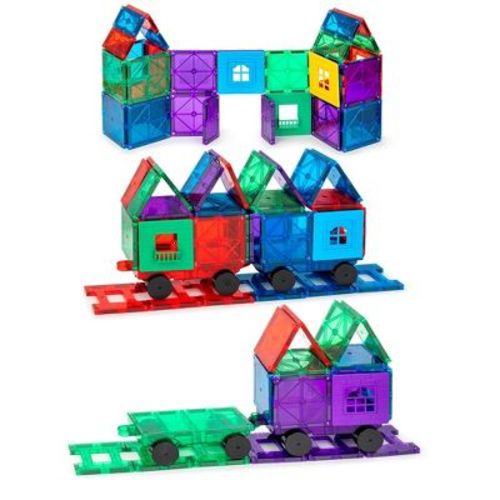 Playmags Magnetic Tiles Train Set, 55 Piece Accessory Set w/ 4 Connecting Train Cars, Magnet Building Expansion Pack