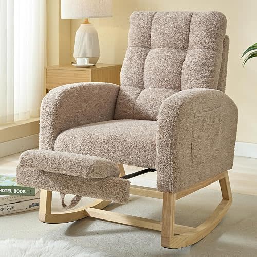 Modern Nursery Rocking Chair, Teddy Upholstered Rocking Chair with Footrest, Comfortable Rocker Chair with Side Pocket, Rocker Chair for Living Room, Bedroom, Nursing Room (Brown)