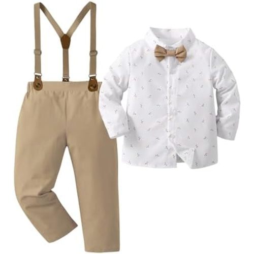 Boarnseorl Baby Boys Pants Sets,Toddler Gentleman Outfits, Infant Long Sleeve Shirt + Pants + Bow Tie + Suspenders