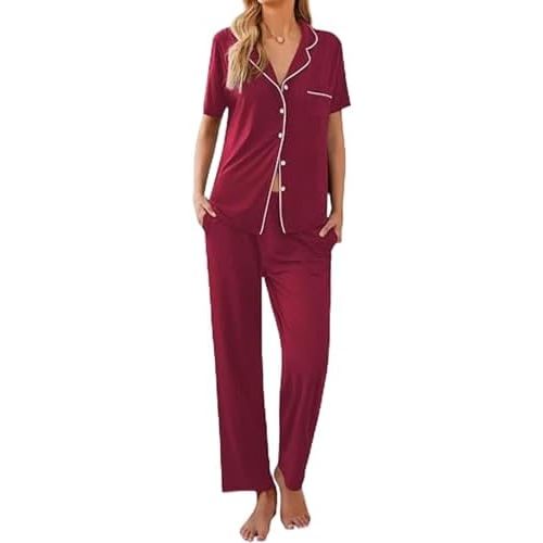 Ekouaer Women Pajamas Set Button Down Sleepwear Short Sleeve Nightwear with Long Pants Soft Pjs Set S-XXL