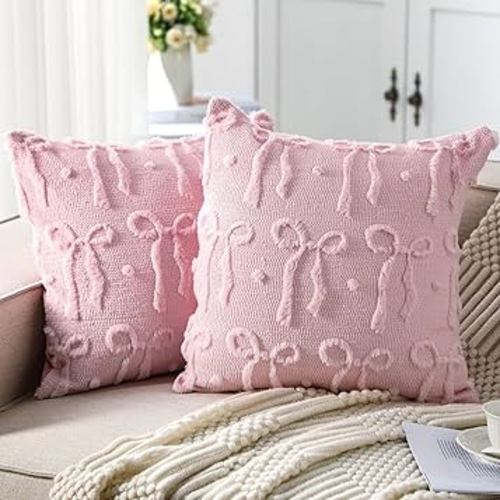 Mixweer Pink Bow Throw Pillow Covers 18x18 Set of 2 Coquette Decorative Pillow Covers Soft Plush Faux Wool Aesthetic Pillowcases Preppy Room Decor for Bed Sofa Couch Living Room