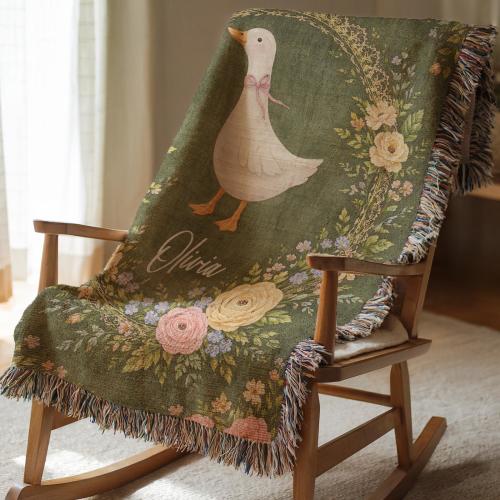Personalized Floral Goose Baby Blanket, Baby Goose Woven Blanket, Goose Nursery Decor Custom Baby Blanket Floral Baby Shower Goose Gift W020