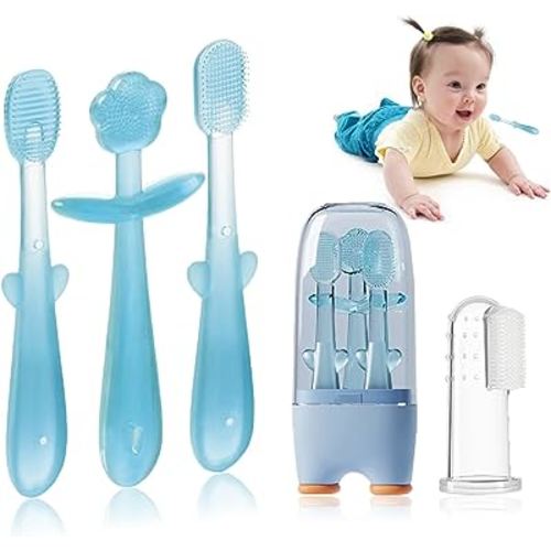 FOKiiBO Baby Silicone Toothbrush Set, Toothbrush + Tongue Brush + Baby Teether + Finger Toothbrush with Cup for Training Teething, 0-18M Infant Toddler Newborn Baby Teeth Brushes (Blue)