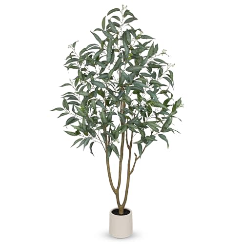 Eucalyptus Trees Artificial Indoor - 6FT Tall Faux Eucalyptus Plants in White Planter, Fake Plant Décor for Farmhouse Bedroom Office Room Hallway Decoration