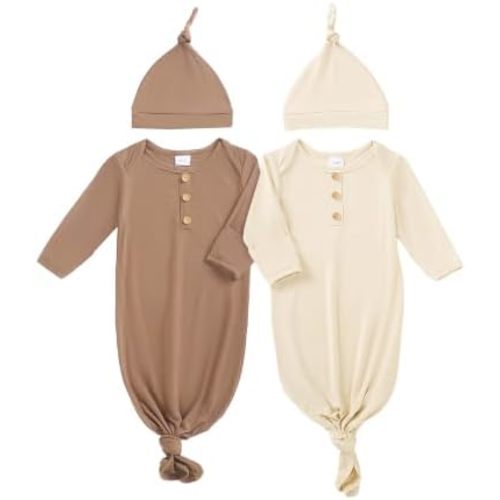 AMAWMW 2 Pack Newborn Baby Girl Boy Sleeper Gown Knotted Nightgown with Mittens Pajamas Set Infant Gifts Essential Outfit