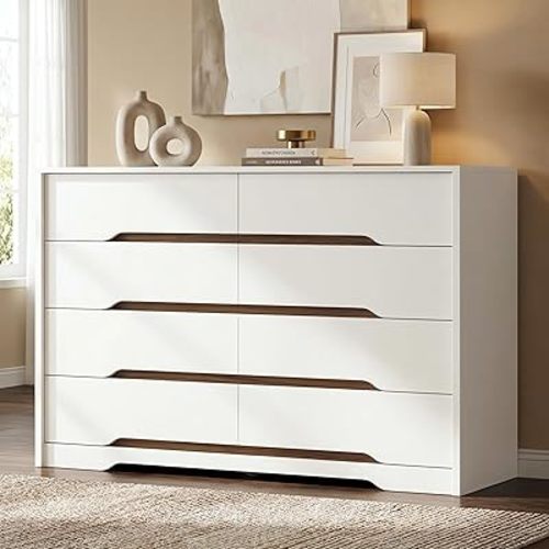 8 Drawer Dresser for Bedroom, White Double Chest of Drawers, Modern Wooden Dresser with Handless Design, Minimalism Style, for Bedroom, Living Room, Hallway, Entryway, White