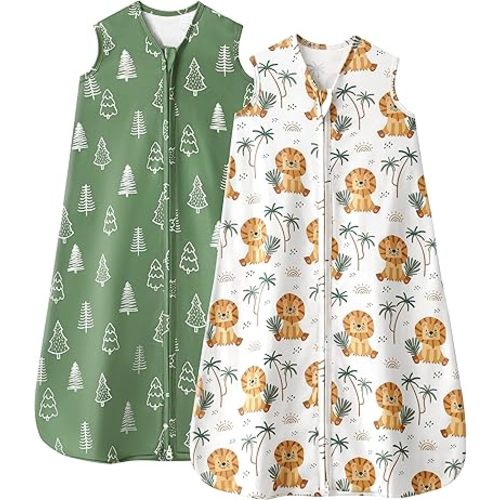 Baby Sleep Sack 6-12 Months, 0.5 TOG Wearable Blanket for Baby Boy and Girl, 2-Way Zipper Newborn and Infant Sleeping Bag 2 Pack, Lightweight Sleep Sacks Green Lion(Medium)