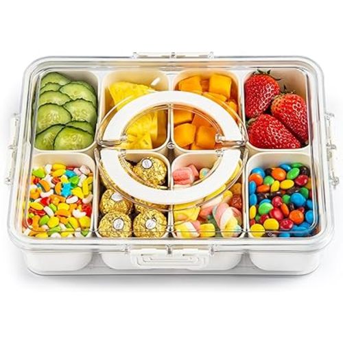 Snackle Box Container,Divided Clear Snack Box Serving Tray with Lid and Handle,8 Compartments Snack Tray,Portable Travel Snack Container,Perfect for Party, Travel, & Picniccnic（1 Pack）