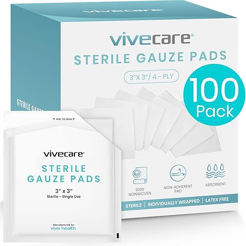 Vive Care 3x3 Sterile Gauze Pads (100 Piece) - Individually Wrapped 2-Pack Wound Dressing for Cleaning & Cushioning - Non-Adhesive Highly Absorbent Bandages