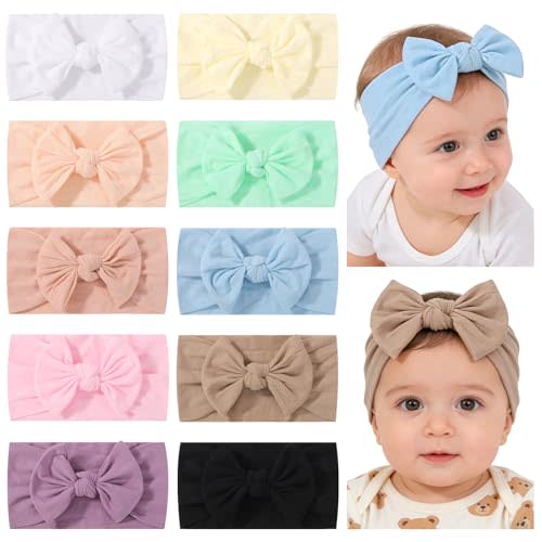 jollybows 10PCS Baby Girl Nylon Headbands Elastic Soft Turban Hair Bows Candy-Color Baby Hair Accessories for Toddlers and Infants