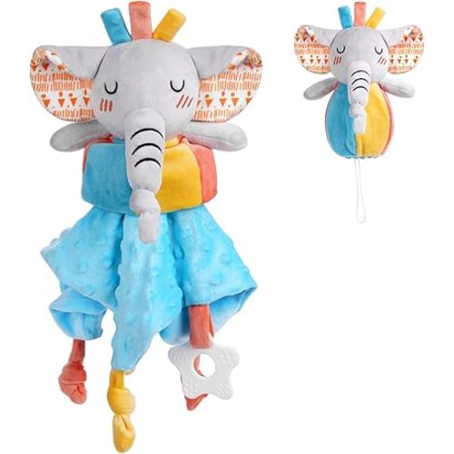 Vicloon Elephant Baby Security Blanket, 3IN1 Plush Baby Security Blanket with Tags&Teether, Babies Security Blanket for Boys&Girls, Security Blanket for Nursery Strollers, Cribs, Car Seats(Blue)