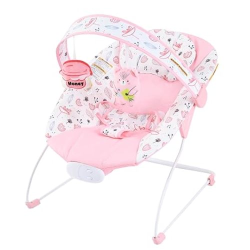 Baby Bouncer, Infants Bouncy Seat with Music and Vibrations,Baby Rocker with Hanging Rattles Bear & Honey Pot for Newborns Indoor Outdoor Use 0-6 Months Up to 20 lbs