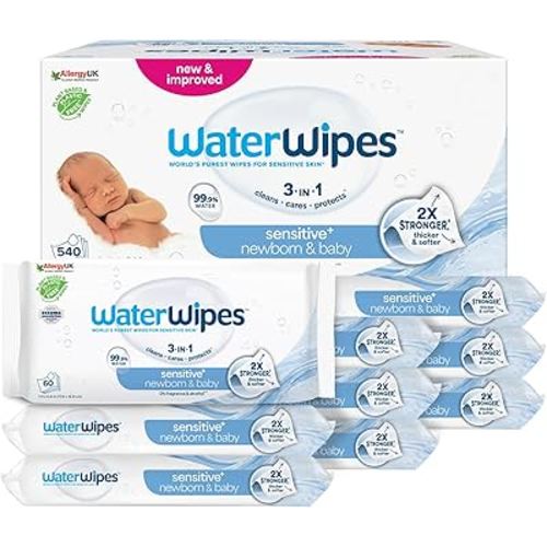 WaterWipes Sensitive+ Newborn & Baby Wipes, 540 Count (9 Packs), 3-In-1 Cleans, Cares, Protects, 99.9% Water, Unscented