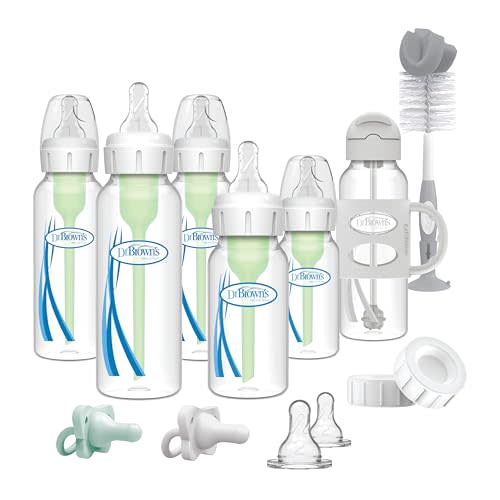 Dr. Brown's Anti-Colic Options+ Narrow Bottle Gift Set with Sippy Straw Bottle, HappyPaci Silicone Pacifiers, Storage/Travel Caps, and Bottle Brush, Green/Gray