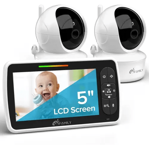 iFamily Baby Monitor with 2 Cameras | Remote Pan-Tilt-Zoom Video Baby Monitor with Camera and Audio, 5” Large Display, Night Vision, Temperature Display, Lullaby, 2 Way Audio & 960ft Range