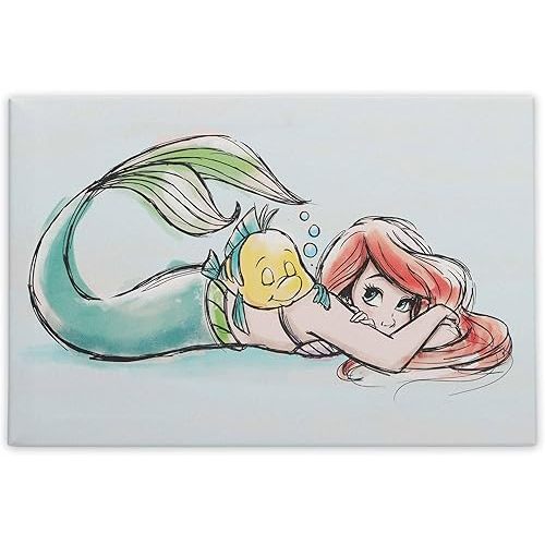 Open Road Brands Disney The Little Mermaid Ariel and Flounder Watercolor Gallery Wrapped Canvas Wall Decor - Beautiful Ariel Wall Art for Home