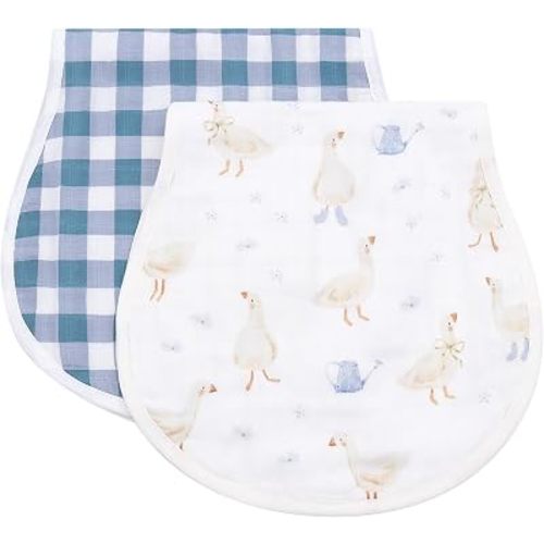 LifeTree Muslin Baby Burp Cloths - 2 Pack 70% Viscose from Bamboo and 30% Cotton Large 22'' by 10.6'' Absorbent Milk Spit Up Rags - Burping Cloths for Newborn, Girls Boys, Duck & Blue Checkered