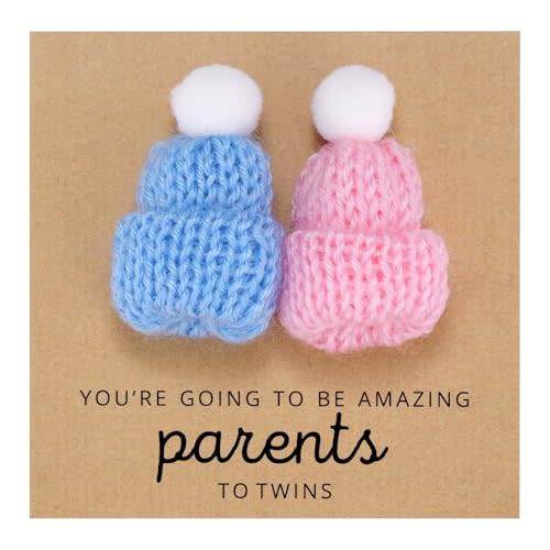 Ukodnus Boy and Girl Twins New Baby Card with Blue and Pink Knitted Hats, Card for New Parents to Twins, Pregnancy and Baby Shower for Mom and Dad, Newborn Twin Baby Gift