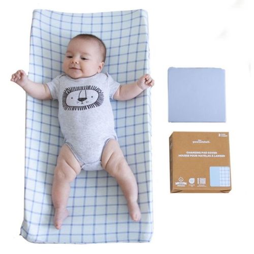 The Peanutshell Blue Windowpane, Solid Organic Cotton Changing Pad Covers for Baby Boys, 2 Pack