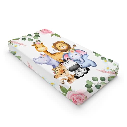 Jungle Safari Animals Tropical Leaves Flowers Changing Pad Cover Lion Elephant Zebra Giraffe Hippo Change Table Covers for Boys Girls Soft Stretchy Diaper Changing Mat Sheets Cover 32''x16''