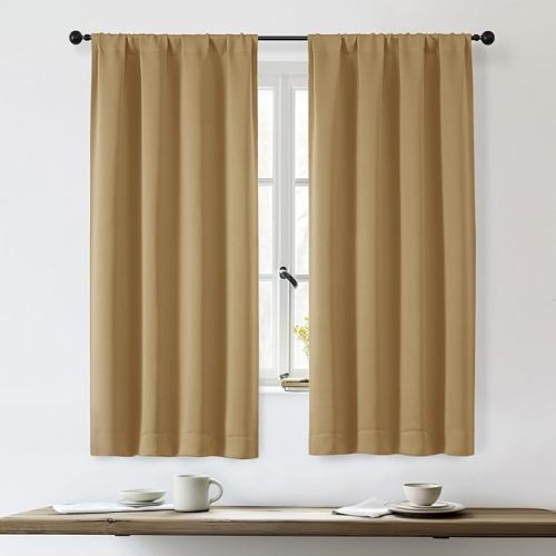 OWENIE Gold Blackout Curtains for Bedroom 63 Inch Length 2 Panels Set, Solid Thermal Insulated Energy Saving Rod Pocket Window Treatment Curtains Living Room Drapes, W40 x L63 Inch, Gold