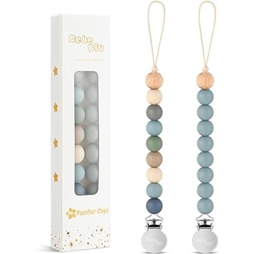 2 Pack Pacifier Clips, Silicone Pacifier Clip for Baby Boys and Girls, Baby Pacifier Strap with Silicone Beads, Soother Dummy Holder, Pacifier Holder, Keeps Pacifier Clean (Wilderness/Ether)