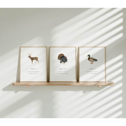 PRINTED Boys Hunting Nursery Wall Art, Southern Boy Bedroom Prints, Hunting Bible Verse Art, Deer Turkey Duck, Woodland Baby Shower