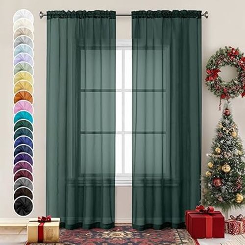 Chyhomenyc Hunter Green Sheer Curtains 84 inches Long 2 Panels Set, Light Filtering Rod Pocket Emerald Voile Sheer Drapes for Living Room Bedroom, 2PCS, Each 42W x 84L