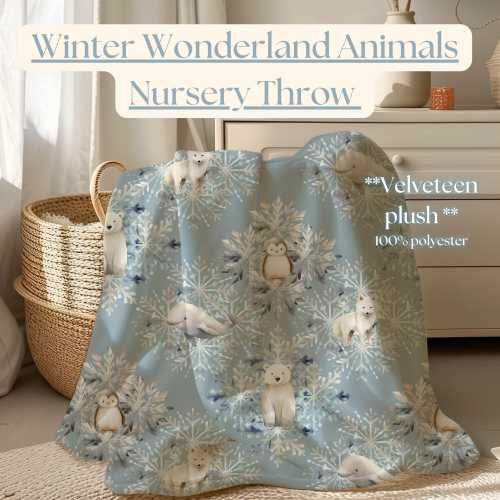 Arctic Animals Nursery Blanket, Winter themed Plush Throw, Dusty Blue swaddle, Polar Bear, Seals, wolf Penguin, Soft and cozy baby decor