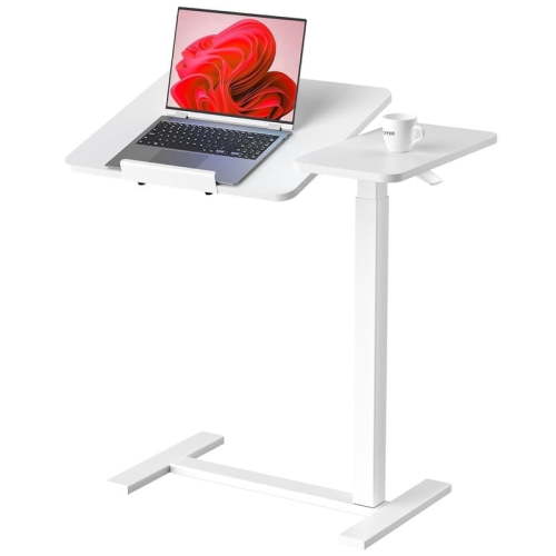 【Pneumatic Lift & Wheels】Sybels Overbed Table, Adjustable Height Rolling Desk with Tilt Top, Mobile Laptop Stand for Bed, Sofa, Office, White