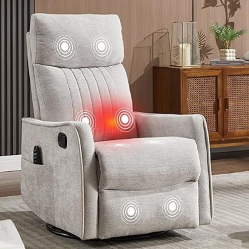 Small Swivel Rocker Recliner Chair for Nursery, Heat & Massage Manual Upholstered 360° Fabric Glider Chair, Small Recliners for Small Spaces Living Room (Light Grey)