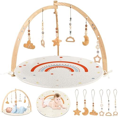 Wooden Baby Play Gym & Activity Mat, Foldable Baby Activity Mat with 6 Removable Sensory Toys, Promotes Motor Skills & Sensory Development
