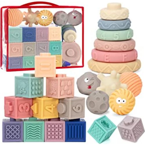 23PCS Montessori Toys for Babies,Teething Toys for Babies Months, 6 Months+, Early Educational Learning Stacking Tower, Sensory for Toddlers 1-3, Soft Rings Stacker & Teethers