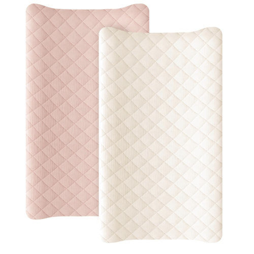 Konssy Waterproof Muslin Changing Pad Cover 2 Pack, Quilted Cotton Fitted Diaper Chang Table Cover, Soft Changing Pad Sheets for Girls Boys (Pink, Cream)