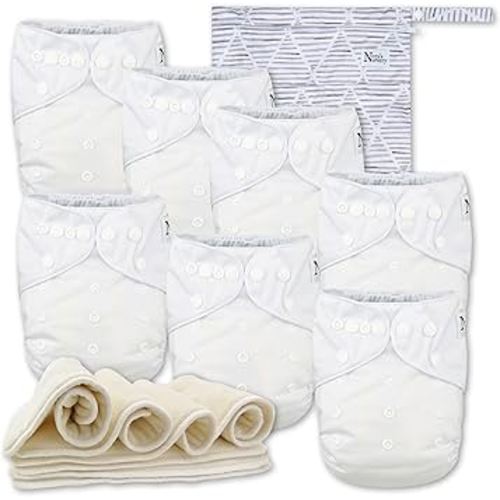 Nora's Nursery Cloth Diapers 7 Pack with 7 Inserts & 1 Wet Bag - Waterproof Cover, Washable, Reusable & One Size Adjustable Pocket Diapers for Newborns and Toddlers - Winter White