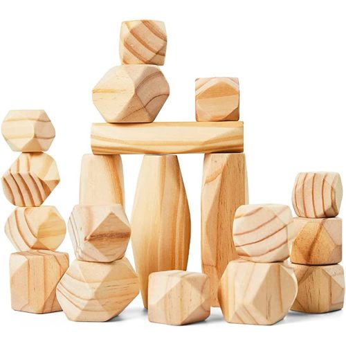 Panda Brothers Wooden Balancing Stones - Montessori Toys for 3 4 5 Year Old Kids and Toddlers Learning Sensory Toy, 20 Large Size Wooden Building Blocks Set of Stacking Stones for Kids Pine Wood Rocks