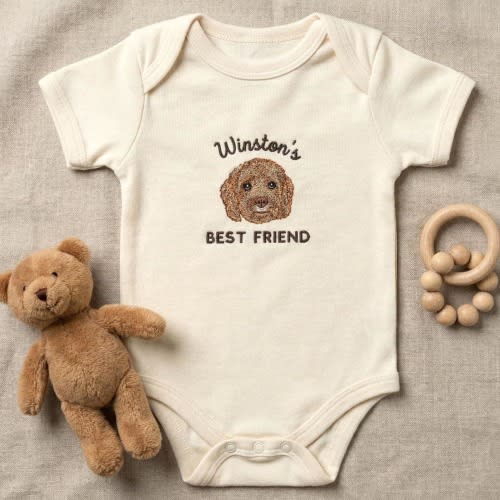 Custom Embroidered Dog Portrait Baby Bodysuit - Personalized Pet Sibling Outfit - Dog Bodysuit for Pregnant Announcement
