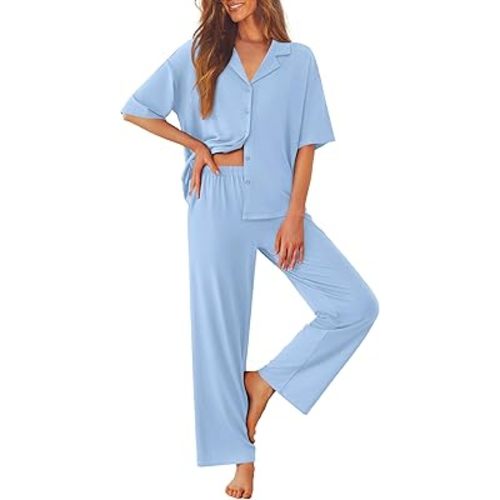 Ekouaer Women Pajamas Set Button Down Sleepwear Short Sleeve Pjs Soft Comfy Nightwear with Long Pants S-XXL
