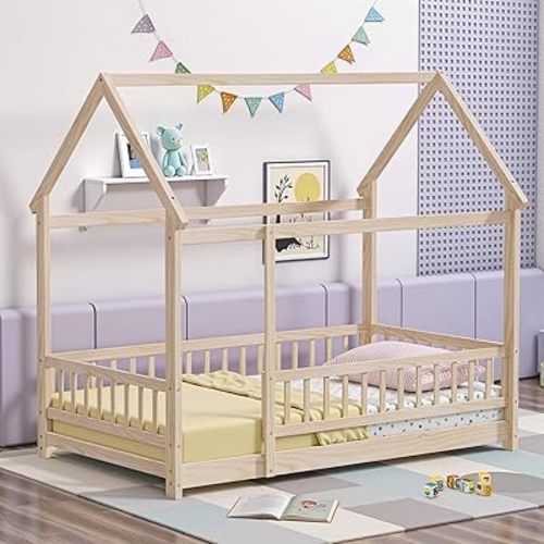 LLS Twin Size Montessori Floor Bed Frame with Slats and Fence, Wooden House Bed for Boys Girls Bedroom, Natural