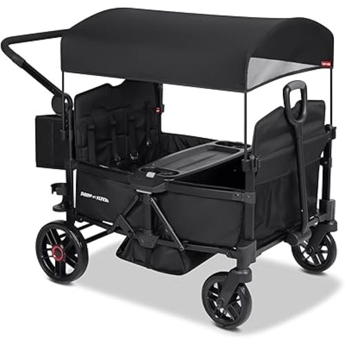 Radio Flyer Voya 2.0 4-Seat Stroller Wagon, for Kids 6+ Months, Lightweight, Compact, Foldable, UV Canopy, Included Storage, Never Fall Pull Handle, Seats Convert to Flatbed, Stroller Wagon for Kids