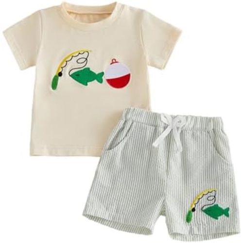 Toddler Baby Boy Fishing Outfit Short Sleeve T-Shirt & Shorts Set Fish Lure Embroidery 2Pcs Summer Clothes
