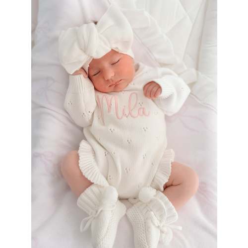White pointelle frill baby announcement romper
