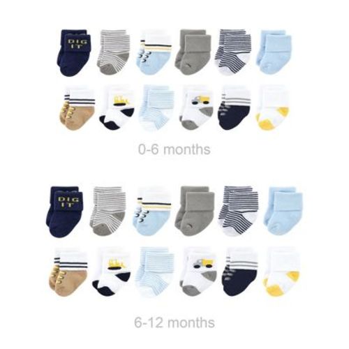 Luvable Friends Infant Boy Grow with Me Cotton Terry Socks, Bulldozer, 0-6 and 6-12 Months