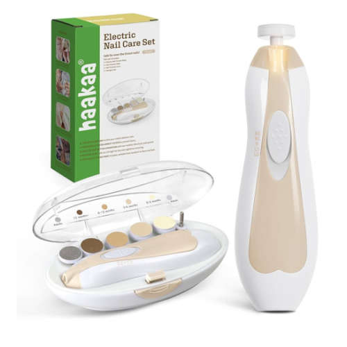 haakaa Baby Nail File Electric Baby Nail Care Set with LED Light, Baby Nail Clippers for Newborn/Infants/Adults Toes and Fingernails, 6 Replacement Heads & Storage Case, Acorn