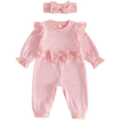 Socutebabe Newborn Baby Girl Clothes Long Sleeve Striped Jumpsuit Headband