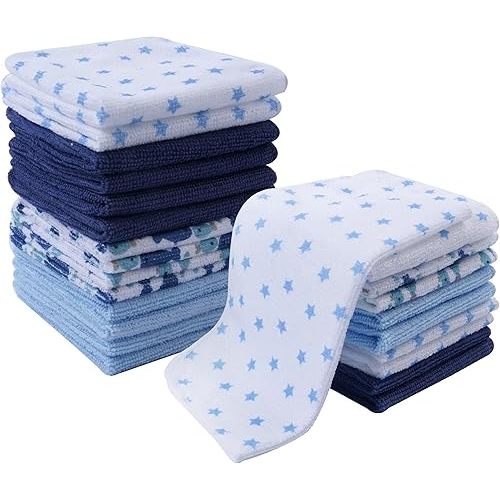 softan Baby Washcloths, 24Pack Baby Towels and Washcloths Extra Soft & Ultra Absorbent, Face Towel Unisex for Boys Girls Face & Body, Washclothes Gentle on Sensitive Skin, 9''X 9''- Blue Whale