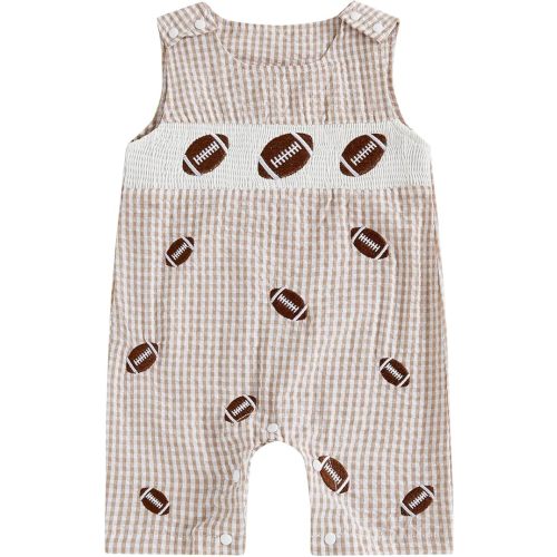 Newborn Baby Boy Football Outfit Embroidery Plaid Retro Romper Sleeveless One Piece Jumpsuit Smocked Shortall