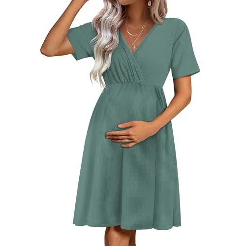 Ekouaer Maternity Nursing Dress V Neck Short Sleeve Breastfeeding Dresses Ribbed Knit Pregnancy Clothes S-XXL