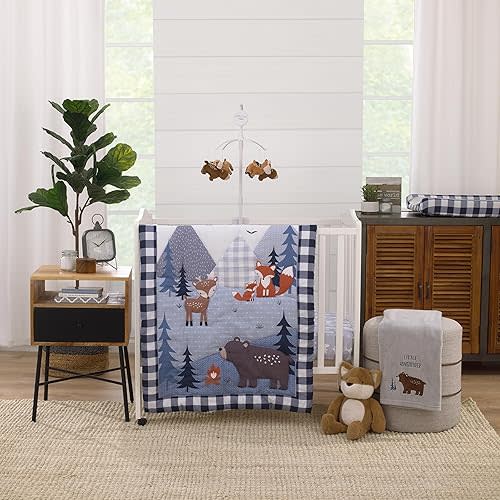 NoJo Little Love National Park Navy Buffalo Check, Gray, Blue, and Brown Camping Bear, Deer, and Fox 3 Piece Mini Crib Bedding Set - Comforter, and Two Fitted Mini Crib Sheets